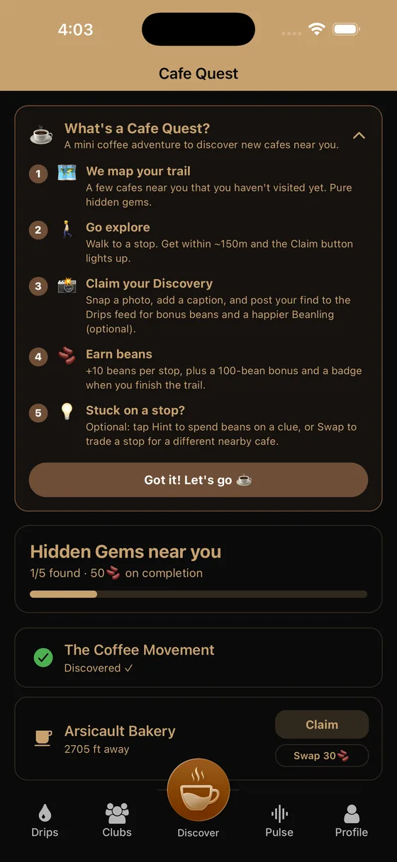 A Cafe Quest trail on the Cortado Discover map